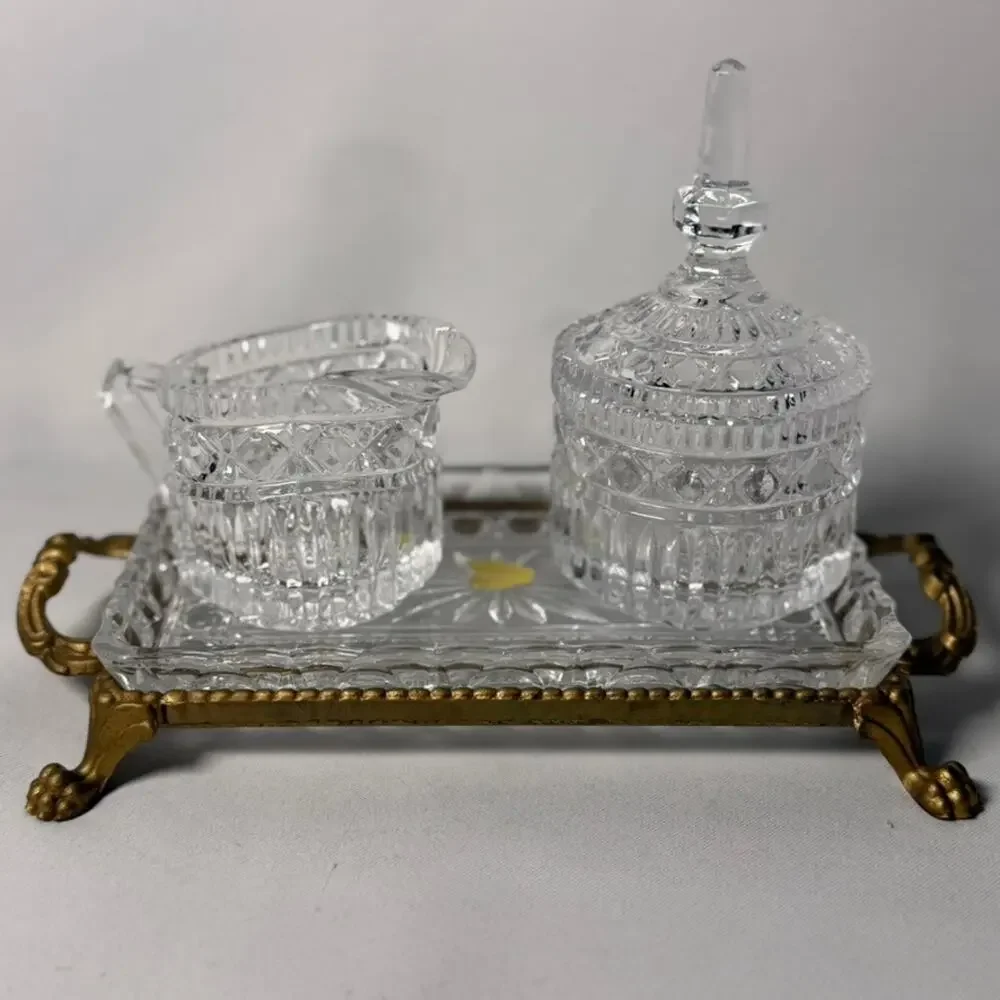 Hollywood Regency Cut Glass Cream & Sugar Set, German Crystal With Footed Tray